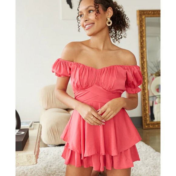 None Pants - Pink Puff Sleeve Off The Shoulder Tiered Mini Romper Womens Size Medium Milkmaid